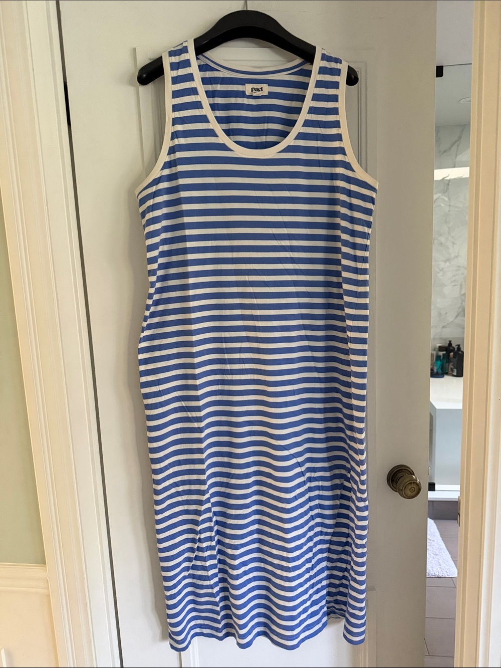 Pact Blue and White Striped Sleeveless Tank Top